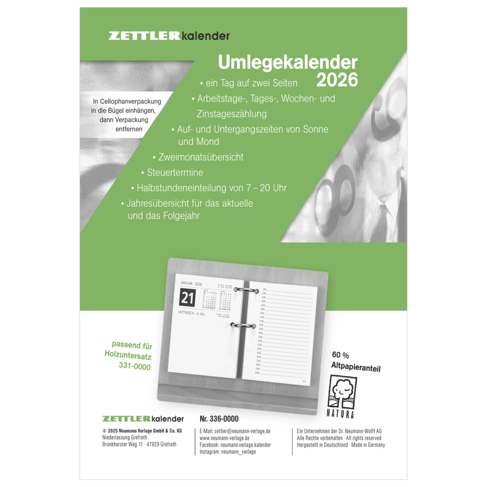 Umleg-Kalender 2026 - 8x10,8 cm - 1 Tag auf 2 Seiten - zum Einheften - Bürokalender mit 2-fach Lochung - Stundeneinteilung von 7 - 20 Uhr - 336-0000 main product photo