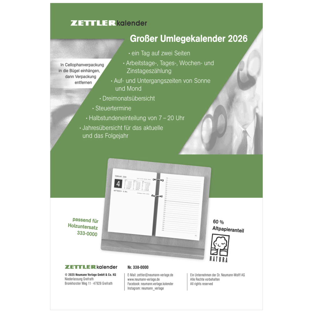 Großer Umleg-Kalender 2026 - 10,5x14,2 cm - 1 Tag auf 2 Seiten - zum Einheften - Bürokalender mit 2-fach Lochung - Stundeneinteilung von 7 - 20 Uhr - 338-0000 main product photo