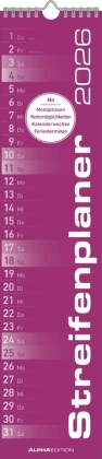 Streifenplaner PINK 2026 - Streifenkalender - Wandplaner - Küchen-Kalender - 11,3x49,5