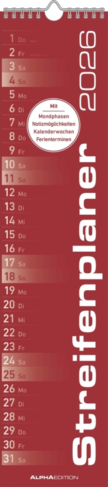 Streifenplaner ROT 2026 - Streifenkalender - Wandplaner - Küchen-Kalender - 11,3x49,5 main product photo