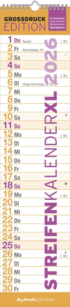 GROSSDRUCK Streifenplaner XL 2026 - Streifenkalender - Wandplaner - Küchen-Kalender - 15x64 main product photo