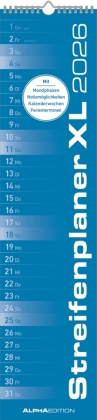 Streifenplaner XL BLAU 2026 - Streifenkalender 15x64 cm - Wandplaner - Küchenkalender - schmales Design - eine Spalte - Langplaner