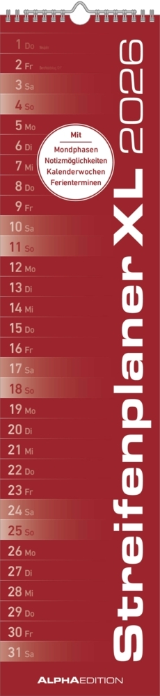 Streifenplaner XL ROT 2026 - Streifenkalender 15x64 cm - Wandplaner - Küchenkalender - schmales Design - eine Spalte - Langplaner main product photo