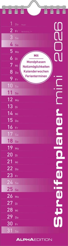 Streifenplaner Mini PINK 2026 - Streifenkalender - Wandplaner - Küchen-Kalender - 9,5x33 main product photo