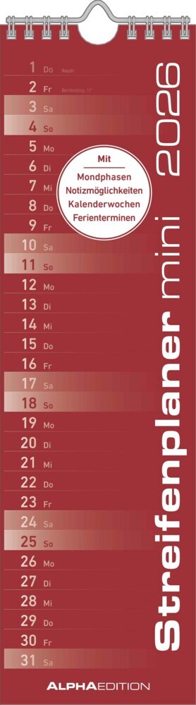Streifenplaner Mini Rot 2026 - Streifen-Kalender 9,5x33 cm - Küchenkalender - Wandplaner - Alpha Edition main product photo
