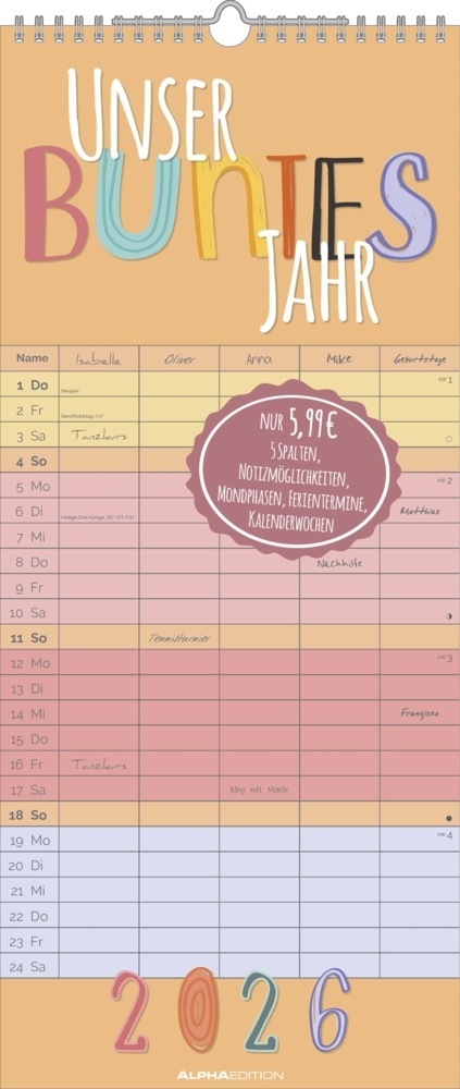 Unser buntes Jahr 2026 Familienplaner - Terminkalender - Familienkalender - 19,5x45 main product photo