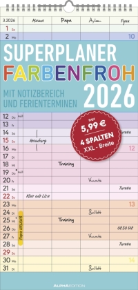 Superplaner Farbenfroh 2026 mit 4 Spalten - Familien-Timer 22x45 cm - Offset-Papier - mit Ferienterminen - Wand-Planer - Familienkalender - Alpha Edition