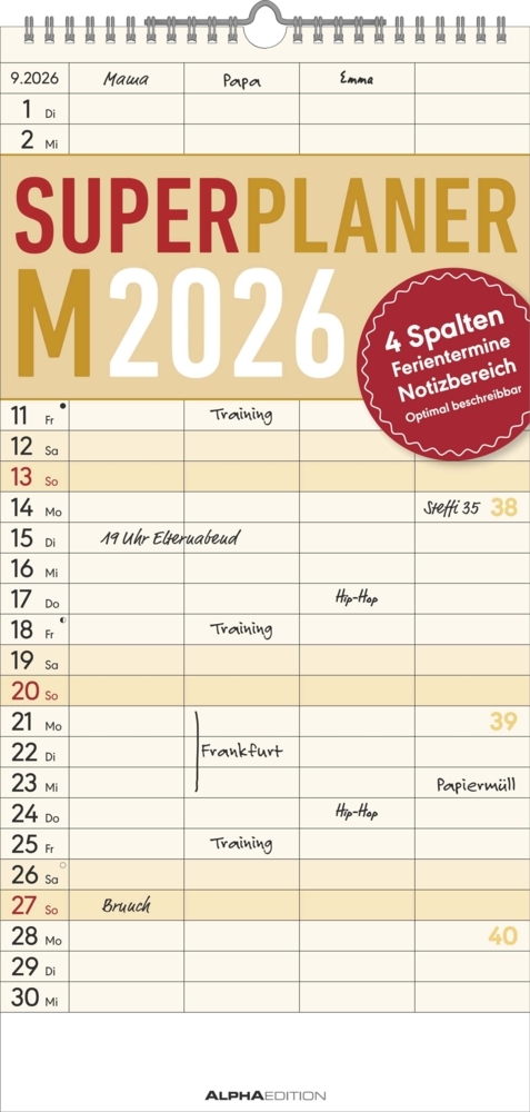 Superplaner M 2026 4 Spalten - Familien-Timer 22x45 cm - Offset-Papier - mit Ferienterminen - Wand-Planer - Familienkalender - Alpha Edition main product photo