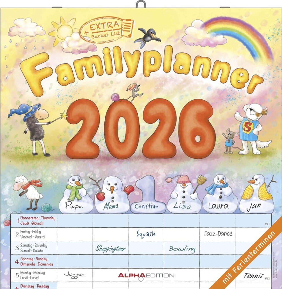Familienplaner Cartoon 2026 - Broschürenkalender 30x30 cm (30x60 geöffnet) - Kalender mit Platz für Notizen - 6 Spalten - Bildkalender - Wandkalender main product photo