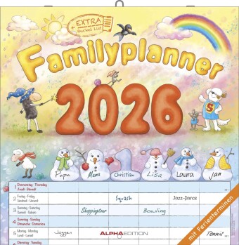 Familienplaner Cartoon 2026 - Broschürenkalender 30x30 cm (30x60 geöffnet) - Kalender mit Platz für Notizen - 6 Spalten - Bildkalender - Wandkalender