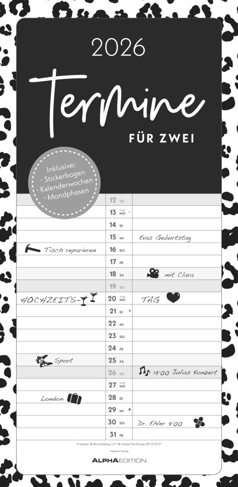 Termine für 2 Black and White 2026 Familienplaner - Timer - Termin-Planer - Couple-Kalender - Familien-Kalender - 22x45 main product photo