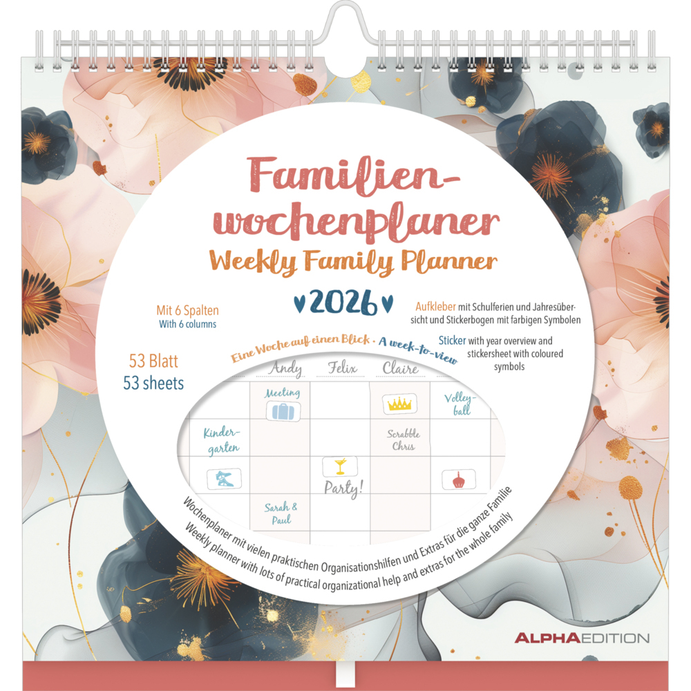 Familien Wochenkalender Flowers 2026 - Familien-Timer - Termin-Planer - Kinder-Kalender - Familien-Kalender - 30,5x30,5 main product photo