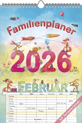 Familienplaner Cartoon 2026- Bildkalender 23,7x34 cm - 6 Spalten - Kalender mit Platz für Notizen - mit vielen Zusatzinformationen - Wandkalender