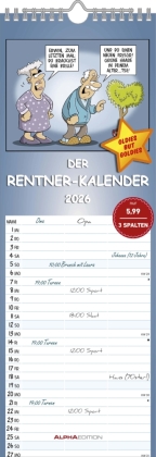 Rentnerkalender 2026 Streifenkalender, 15x42cm, Kalender mit 3 Spalten für Termine, 100 jährigem Kalender, Ferienterminen DE/AT/CH, mit Pollenflugkalender und deutschem Kalendarium - Alpha Edition