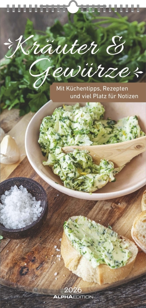 Kräuter & Gewürze 2026 - Streifenkalender 22x45 cm - mit Extraspalte für Geburtstage - Küchentipps und Mondphasen - Wandkalender - Terminplaner main product photo