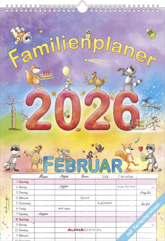 Familienplaner Cartoon 2026 - Familienkalender A3 (29,7x42 cm) - mit 6 Spalten, Ferienterminen (DE/AT/CH) und viel Platz für Notizen - Wandkalender main product photo