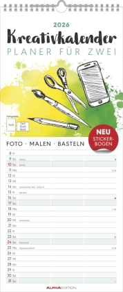 Kreativ-Kalender Planer für 2 2026 - 3 Spalten  - 19,5x45 cm - Foto, Malen, Basteln - datiert - Kreativkalender - Foto-Kalender - Alpha Edition