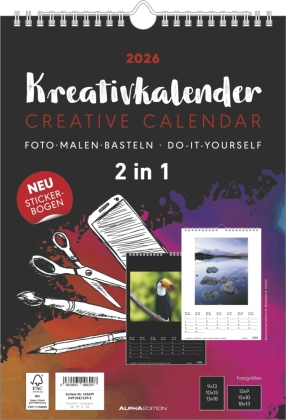 Kreativ-Kalender A4 - 2 in 1: schwarz und weiss 2026 - 21 x 29,7 -  Foto, Malen, Basteln - datiert - Kreativkalender - Foto-Kalender - Alpha Edition
