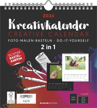 Kreativ-Kalender M - 2 in 1: schwarz und weiss 2026 - 21x22 cm -  Foto, Malen, Basteln - datiert - Kreativkalender - Foto-Kalender - Alpha Edition