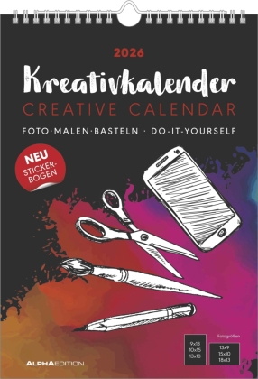 Kreativ-Kalender A4 schwarz  2026 - 21 x 29,7 -  Foto, Malen, Basteln - datiert - Kreativkalender - Foto-Kalender - Alpha Edition
