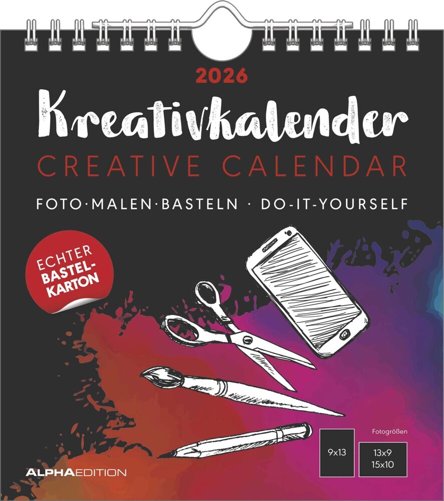 Kreativ-Kalender schwarz 2026 - 16x17 cm - Foto, Malen, Basteln - datiert - Kreativkalender - Foto-Kalender - Alpha Edition main product photo