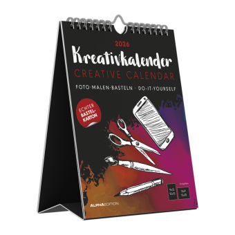 Kreativ-Kalender Tischaufsteller hoch schwarz 2026 - 16 x 20 -  Foto, Malen, Basteln A4 - datiert - Kreativkalender - Foto-Kalender - Alpha Edition