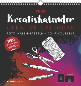 Kreativ-Kalender schwarz 2026 - 32 x 33 -  Foto, Malen, Basteln - datiert - Kreativkalender - Foto-Kalender - Alpha Edition