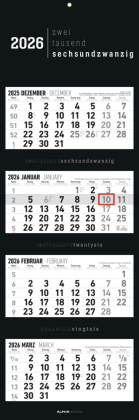 4-Monatskalender Black 2026 - Büro-Kalender 33x20 cm (geschlossen), 33x100 (geöffnet) - faltbar - mit Datumsschieber - Alpha Edition