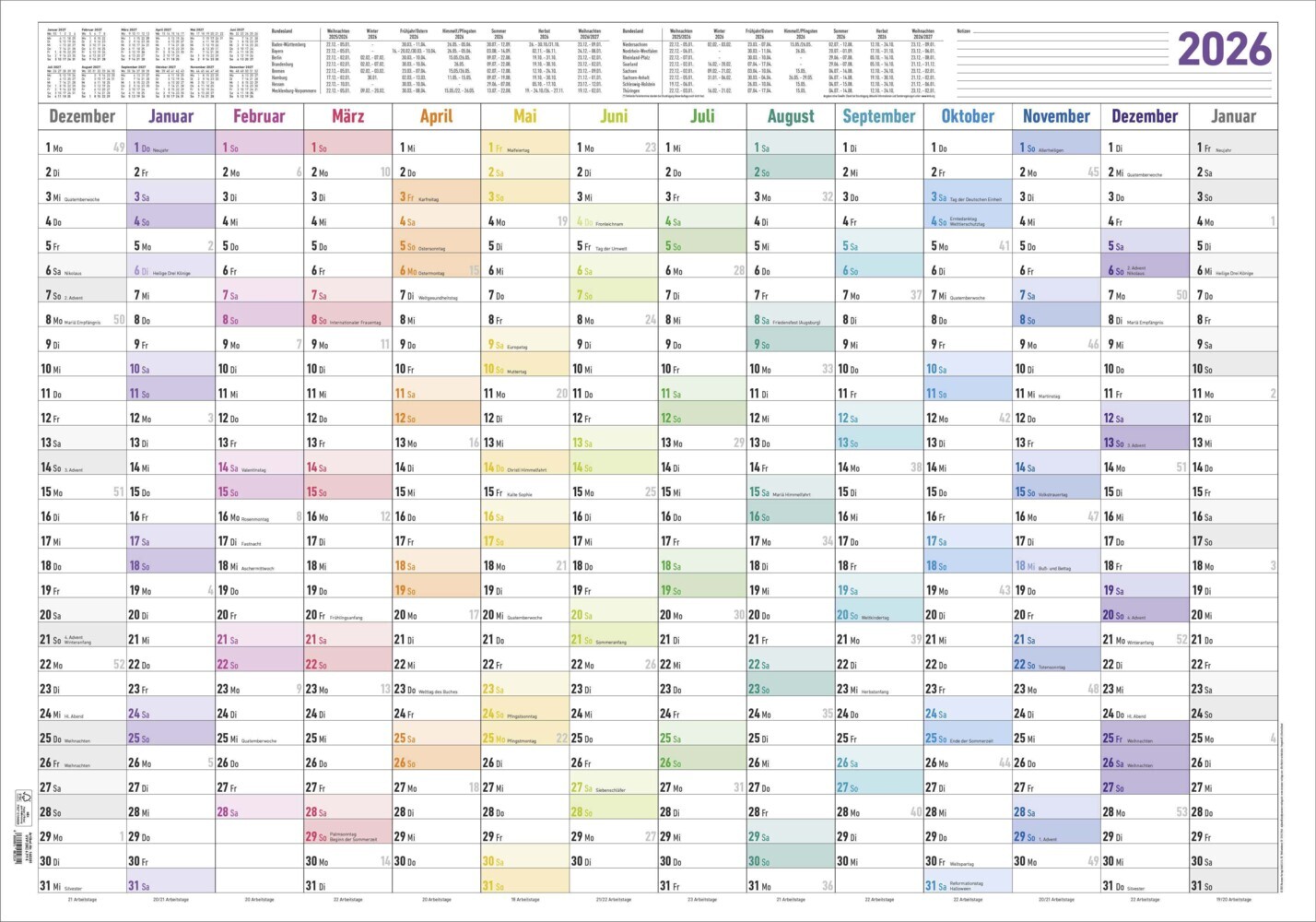 Jahresplaner XL 14 Monate 2026 - Plakat-Kalender 100x70 cm - Jahresübersicht - Ferienübersicht - Arbeitstagezählung - Alpha Edition main product photo