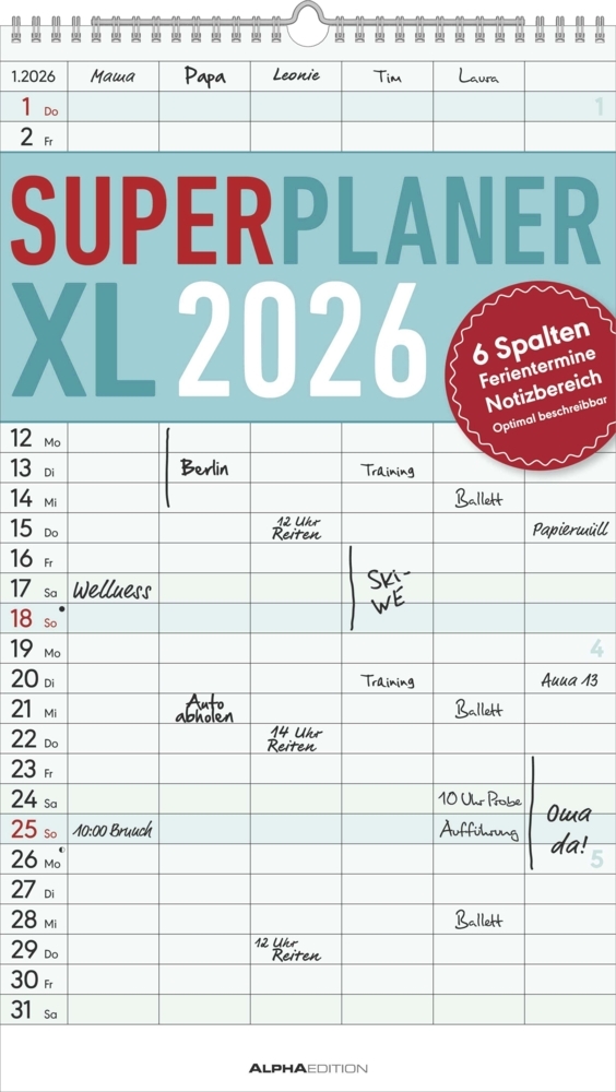 Superplaner XL 2026 6 Spalten - Familien-Timer 26x45 cm - Offset-Papier - mit Ferienterminen - Wand-Planer - Familienkalender - Alpha Edition main product photo