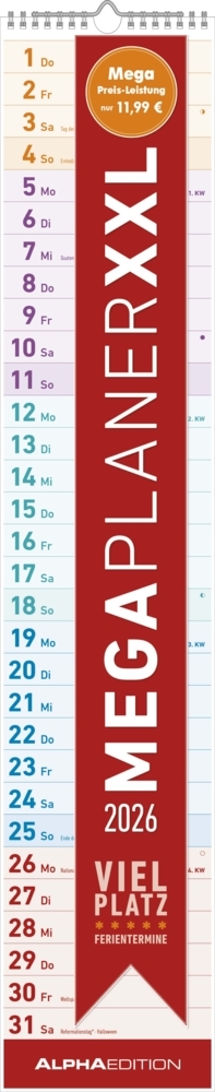Megaplaner XXL 2026 - Streifen-Kalender 17,5x98 cm - mit Ferienterminen - viel Platz für Notizen - Wandplaner - Küchenkalender - Alpha Edition main product photo