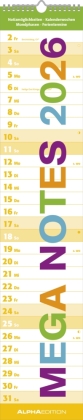Mega Notes 2026 - Streifenplaner 17x85 cm - mit farblich abgegrenzten Wochenenden - Wandplaner XL - Küchenkalender - Langplaner