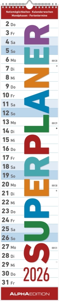 Superplaner 2026 - Streifenkalender 17x85 cm - mit Ringbindung - viel Platz für Notizen - Langplaner - Wandkalender - Küchenkalender - Alpha Edition main product photo