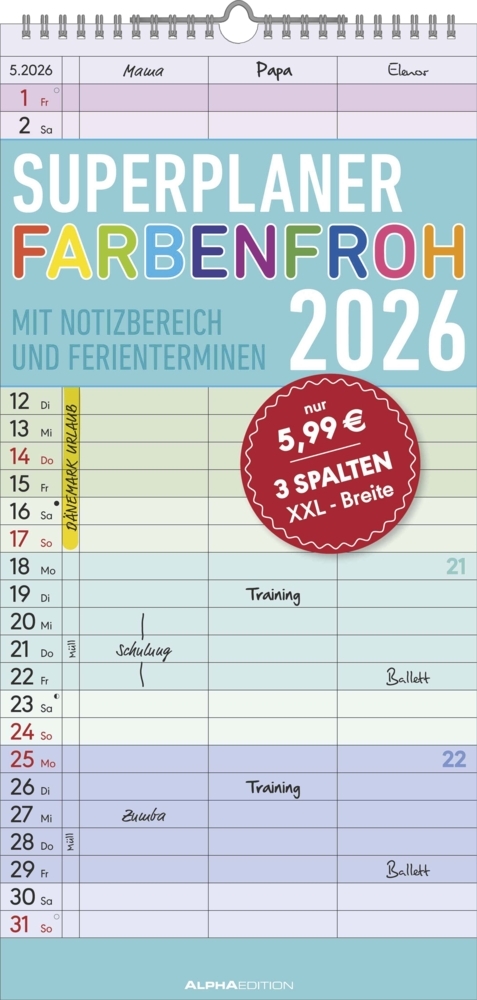 Superplaner Farbenfroh 2026 - Familien-Timer 22x45 cm - mit Ferienterminen - 3 Spalten - Wand-Planer - mit vielen Zusatzinformationen - Alpha Edition main product photo