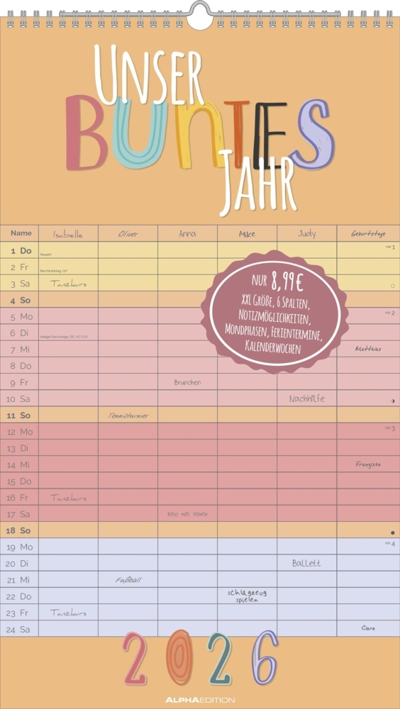Unser buntes Jahr 2026 Familienplaner - Familien-Timer 26x45 cm - Offset-Papier - mit Ferienterminen - Wand-Planer - Familienkalender - Alpha Edition main product photo