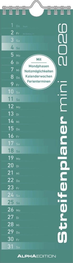 Streifenplaner Mini Mint 2026 - Streifen-Kalender 9,5x33 cm - Küchenkalender - Wandplaner - Alpha Edition main product photo