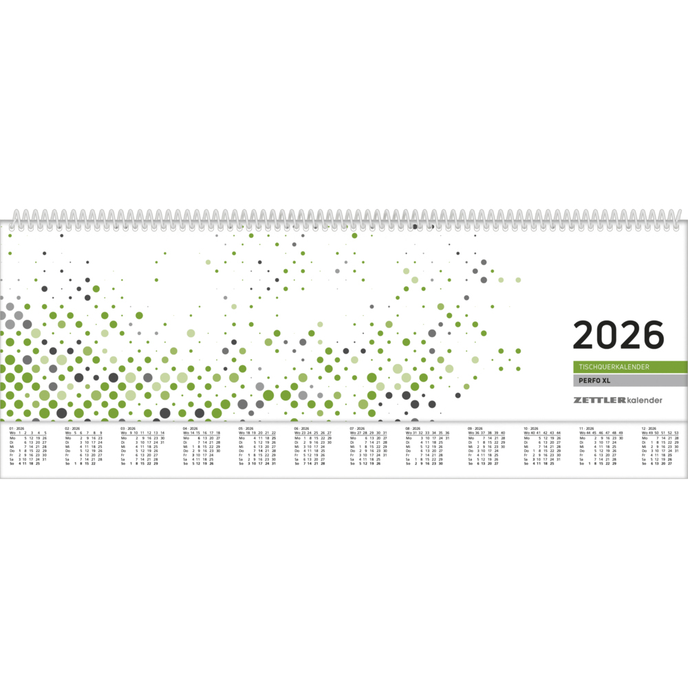 Tischquer-Kalender 2026 36,2x13,6 - 1W/2S grün/weißes Papier - verlängerte Rückwand - grün - Bürokalender 36,2x13,6 - 1 Woche 2 Seiten - Stundeneinteilung 7-20 Uhr - 137-0013-1 main product photo