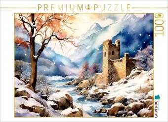CALVENDO Puzzle Schnee fällt auf den Gebirgsbach und die Burg...