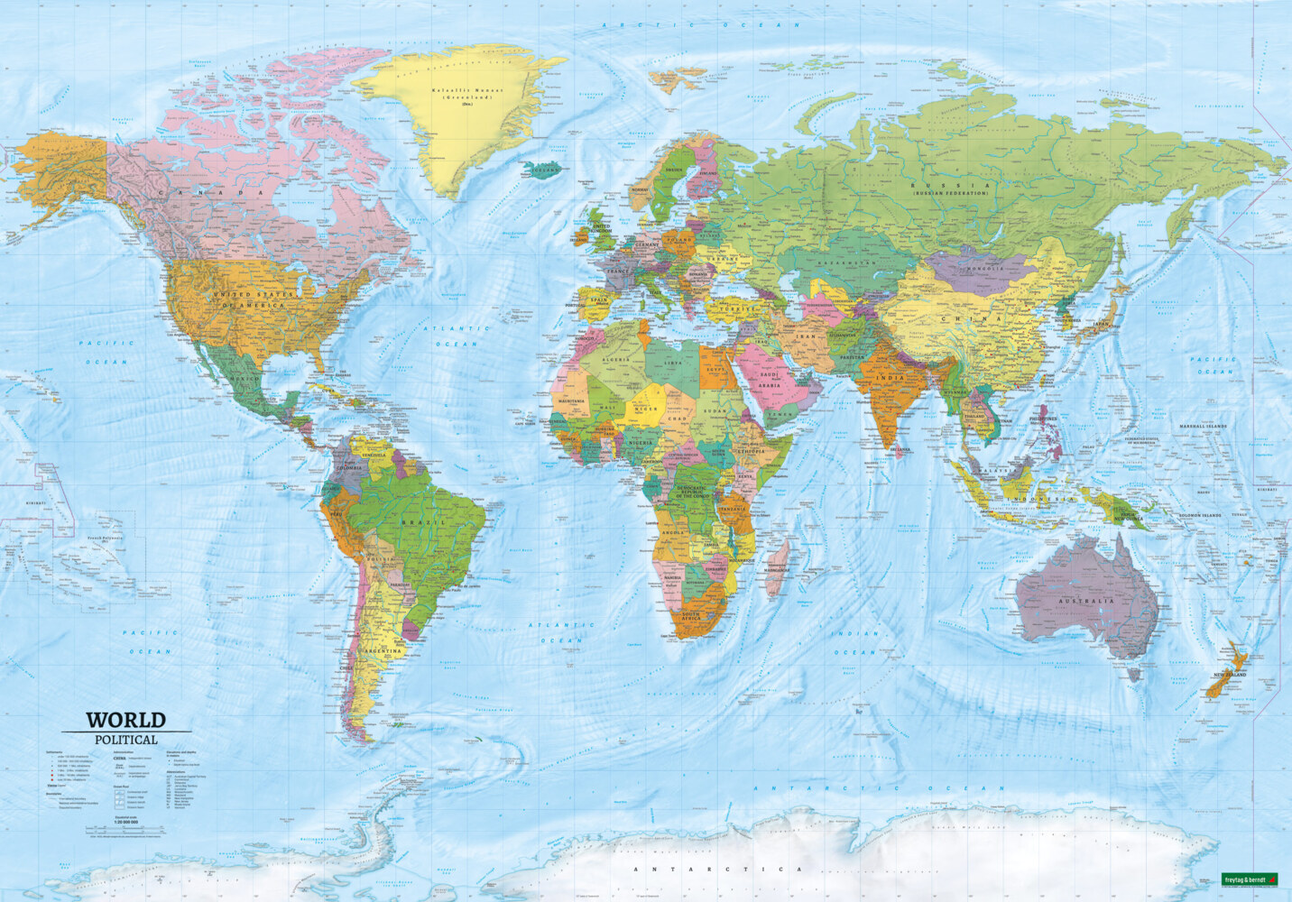 World map, political - physical, english, 1:20.000.000, Poster, freytag & berndt main product photo