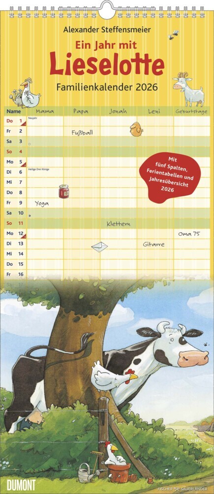 Die Kuh Lieselotte Familienkalender 2026 - Von Alexander Steffenmeier - Familienplaner mit 5 Spalten - Format 22 x 49,5 cm main product photo