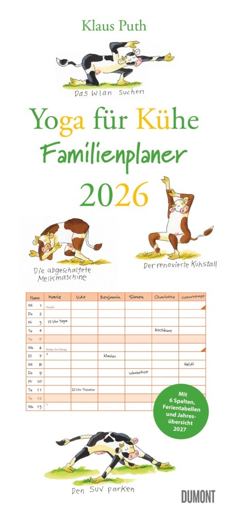 Yoga für Kühe Familienplaner 2026 - Wandkalender - Familien-Kalender mit 6 Spalten - Format 22 x 49,5 cm main product photo
