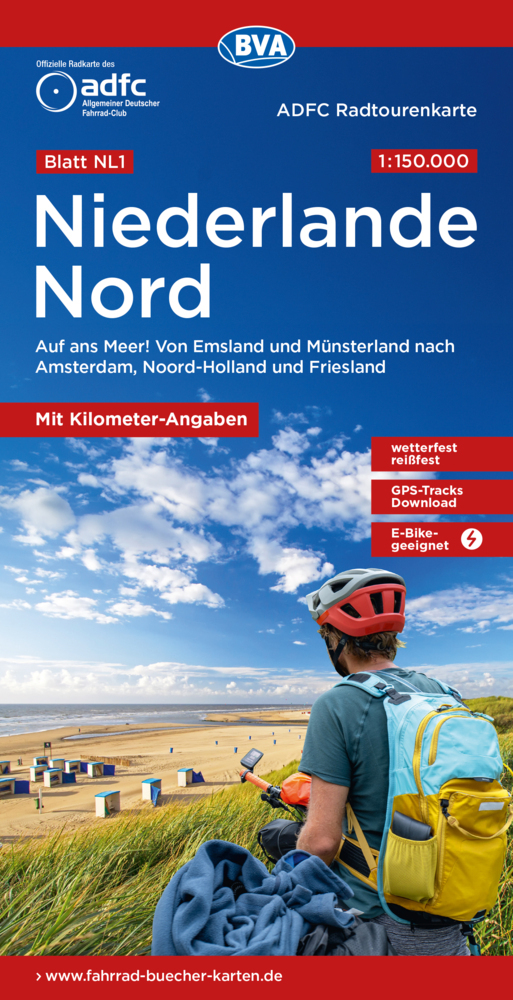 ADFC-Radtourenkarte NL 1 Niederlande Nord 1:150.000, reiß- und wetterfest, E-Bike geeignet, GPS-Tracks Download, mit Knotenpunkten, mit Bett+Bike Symbolen, mit Kilometer-Angaben main product photo
