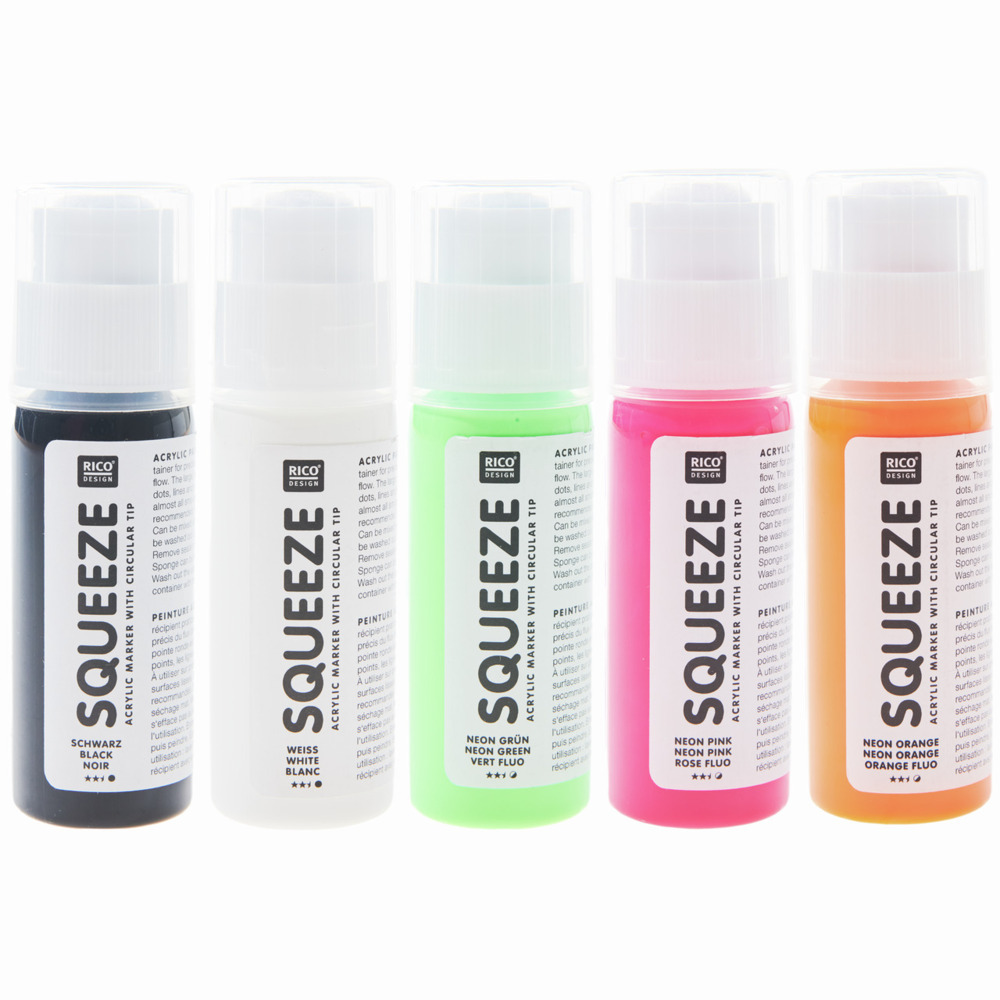 Squeeze Marker, 5x60ml Neon Set (Neon Orange / Neon Pink / Neon Grün / Weiß / Schwarz) main product photo