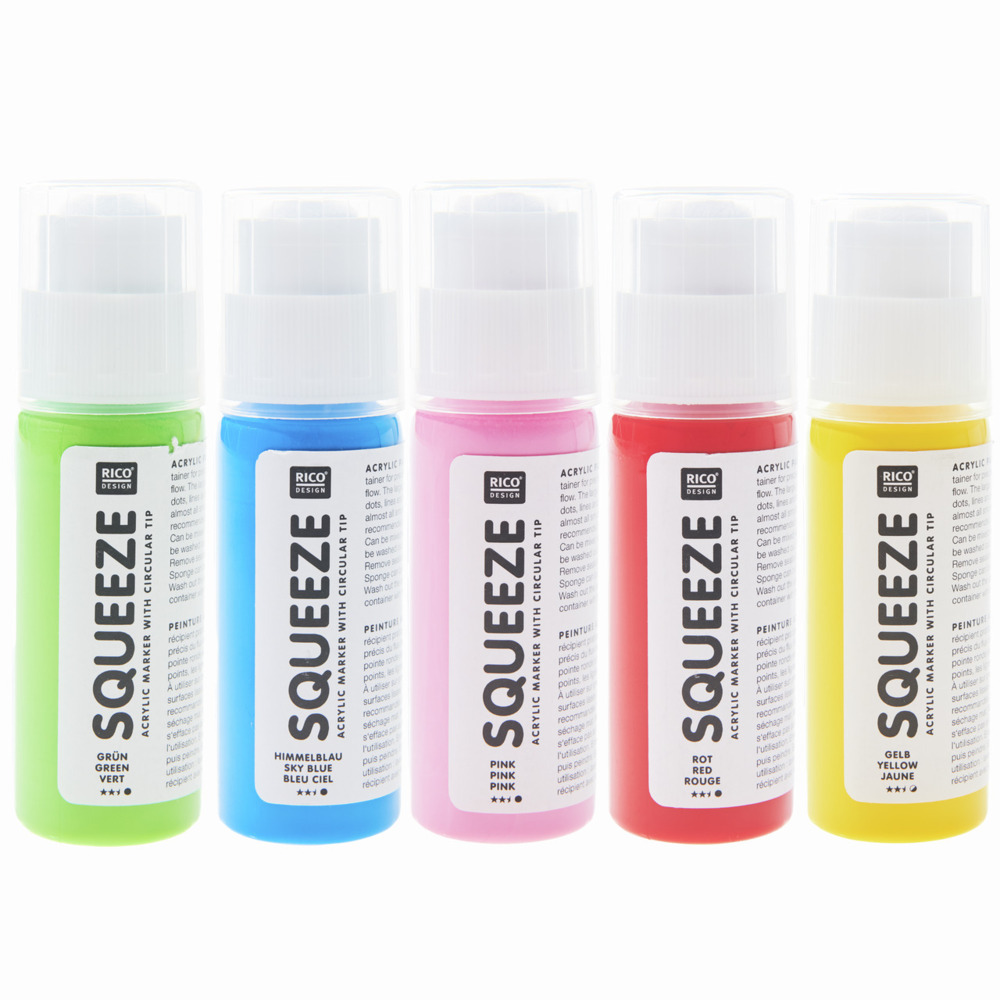 Squeeze Marker, 5x60ml Regenbogen Set (Gelb / Pink / Rot / Himmelblau / Grün) main product photo