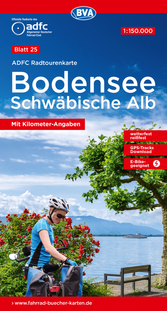 ADFC-Radtourenkarte 25 Bodensee Schwäbische Alb 1:150.000, reiß- und wetterfest, E-Bike geeignet, GPS-Tracks Download, mit Kilometer-Angaben main product photo