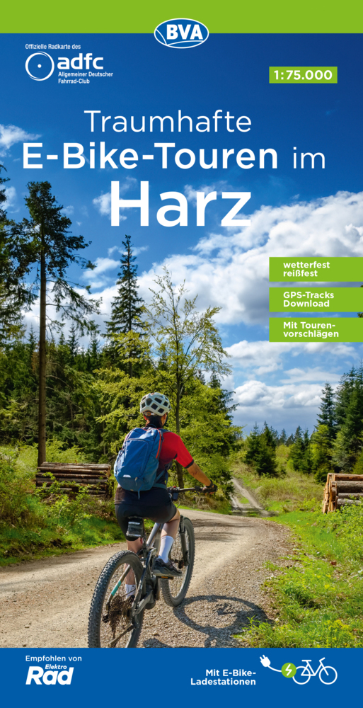 ADFC-Regionalkarte Traumhafte E-Bike-Touren im Harz, 1:75.000, mit Tagestourenvorschlägen, reiß- und wetterfest, GPS-Tracks Download main product photo
