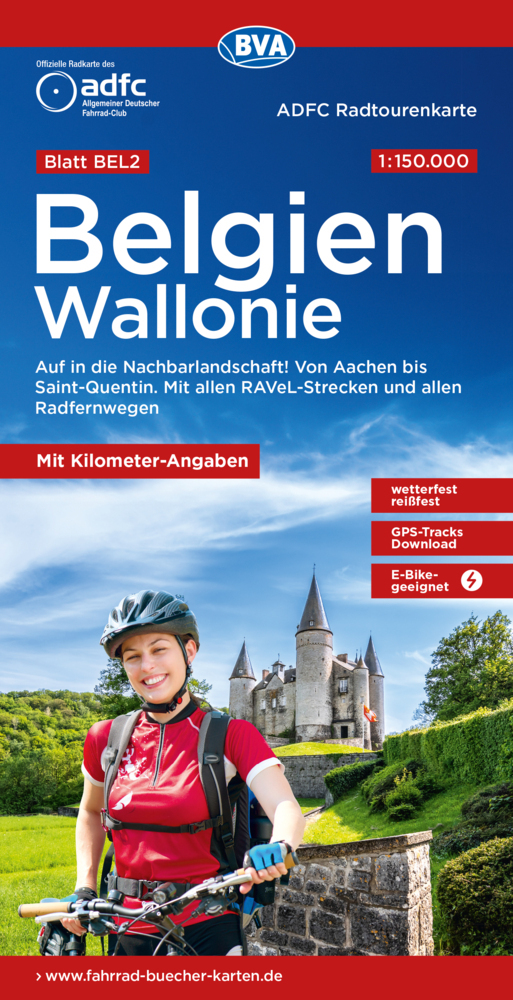 ADFC-Radtourenkarte BEL 2 Belgien Wallonie 1:150.000, reiß- und wetterfest, E-Bike geeignet, GPS-Tracks Download, mit Kilometer-Angaben main product photo
