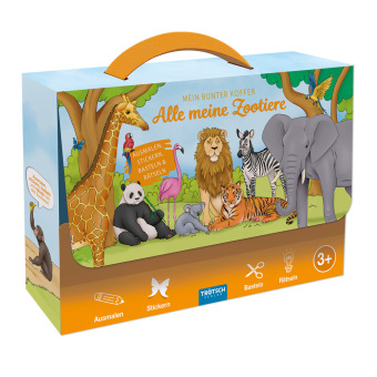 TRÖTSCH - Beschäftigungskoffer Mein bunter Koffer Alle meine Zootiere | Koffer mit einem Spiel- und Malbuch, Stickerseiten und Minipostern | Ab 3 Jahren