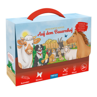 TRÖTSCH - Beschäftigungskoffer Mein bunter Koffer Auf dem Bauernhof | Koffer mit einem Spiel- und Malbuch, Stickerseiten und Minipostern | Ab 3 Jahren