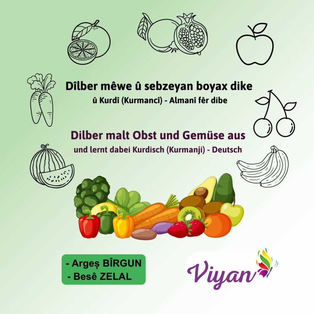 Dîlber mêwe û sebzeyan boyax dike û Kurdî (Kurmancî) - Almanî fêr dibe main product photo